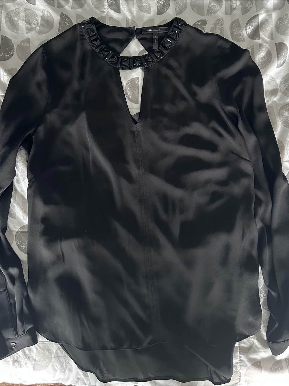 BCBGMaxAzria Black Satin Keyhole Blouse with Beaded Neckline